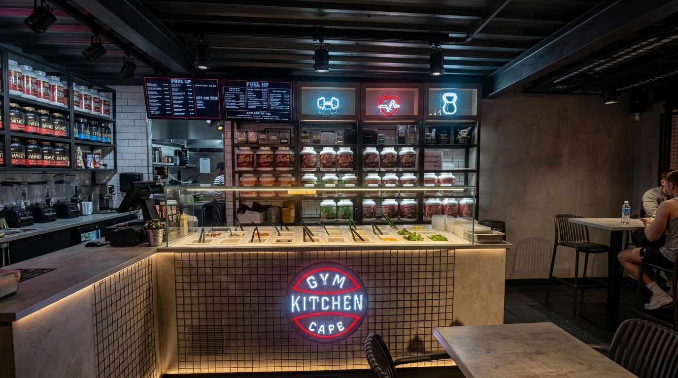 Inside Gym Cafe UK in Bradford — protein bar and neon signage